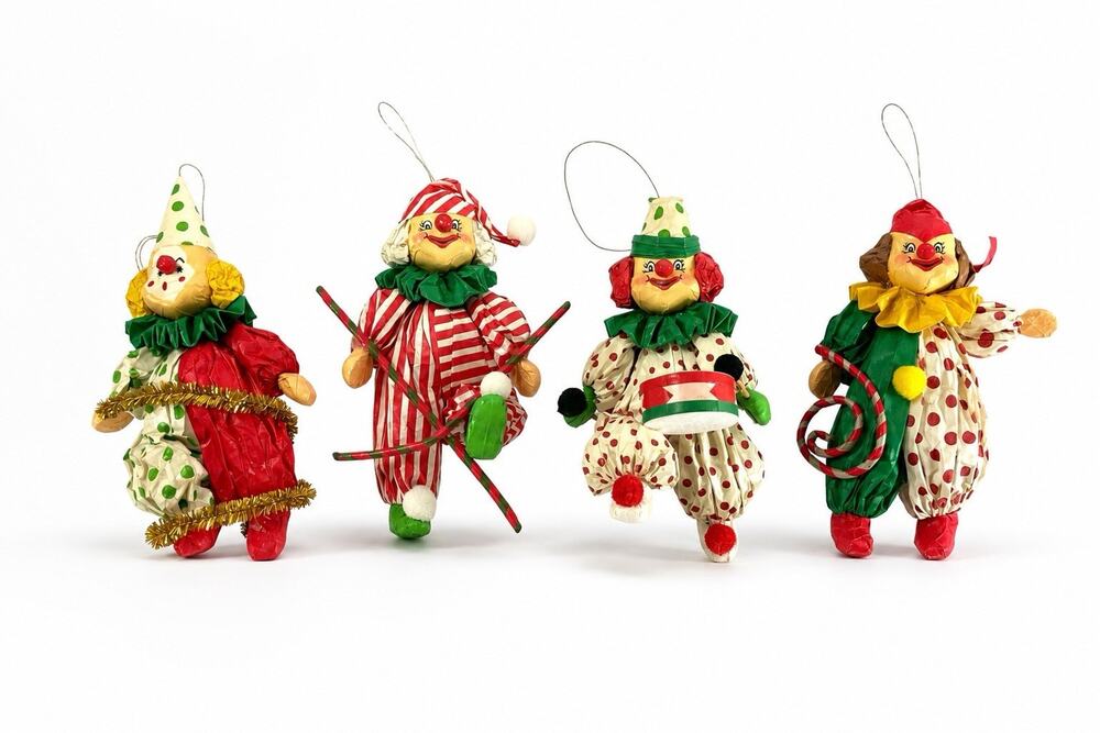Vintage Paper Mache Clown Christmas Ornaments Set of 4 Handcrafted 5” Retro